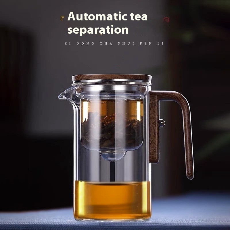 Théière magnétique à filtration par séparation en un clic, théière en verre avec manche en bois, récipient intérieur pour séparer l'eau du thé.