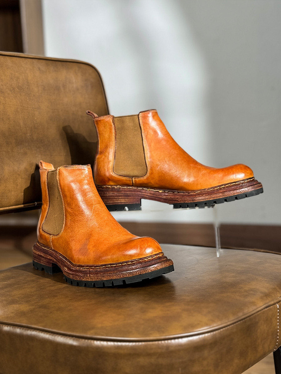 Bottes en cuir vintage pour hommes, à semelle épaisse et rehaussantes