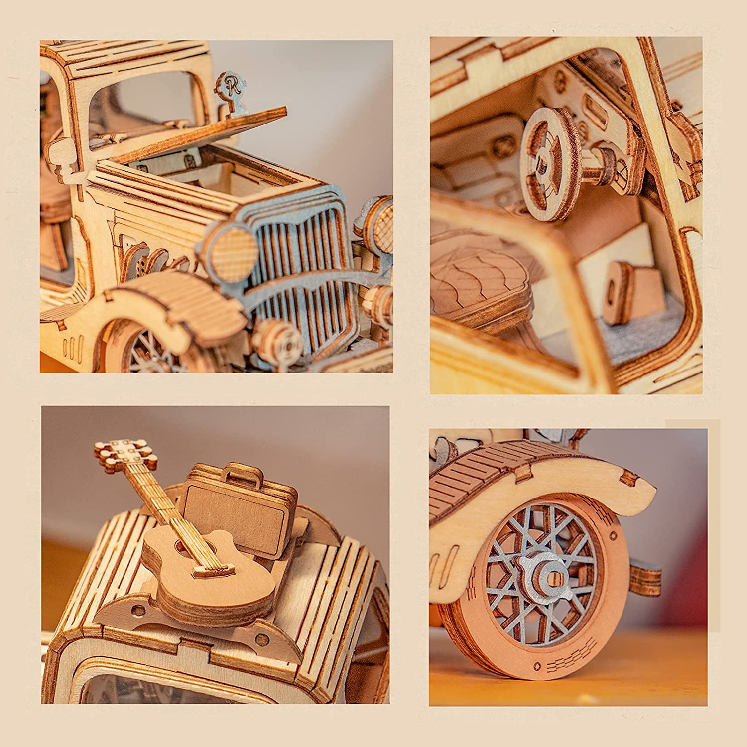 Robotime Rolife Modèle de voiture vintage Puzzle 3D en bois, jouet pour enfants