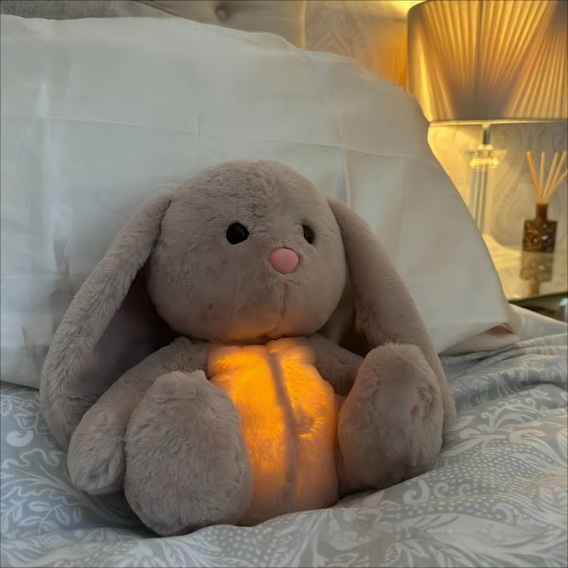 Lapin respirant en peluche sensorielle apaisante, idéal pour soulager l'anxiété des nouveau-nés et apaiser les bébés.