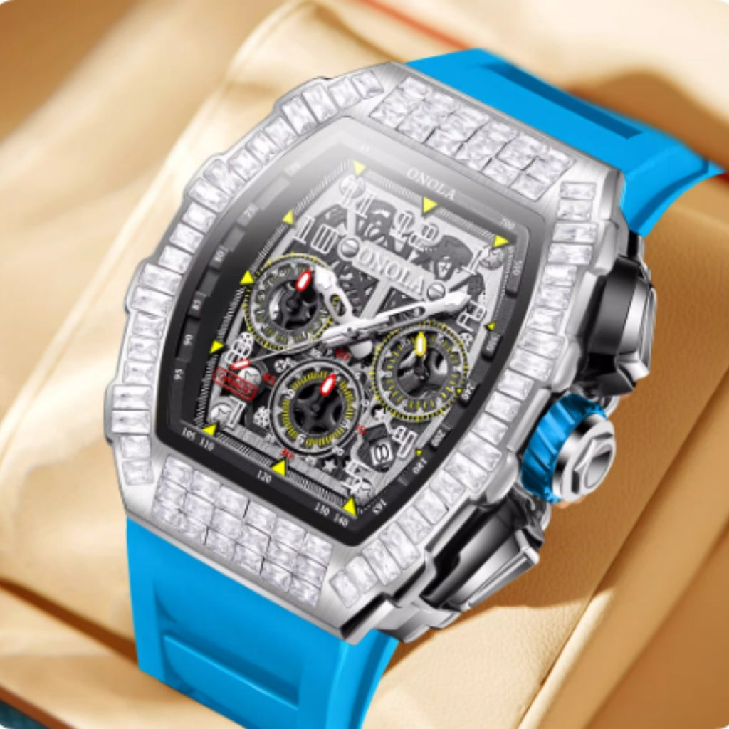 Montre de luxe carrée pour homme avec diamants et motif étoile