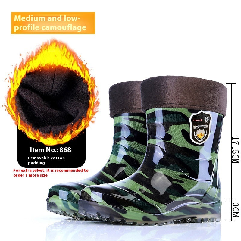 Bottes de pluie chaudes et résistantes à l'usure, doublées en polaire, à semelle en cuir camouflage et semelle en cuir pour homme.