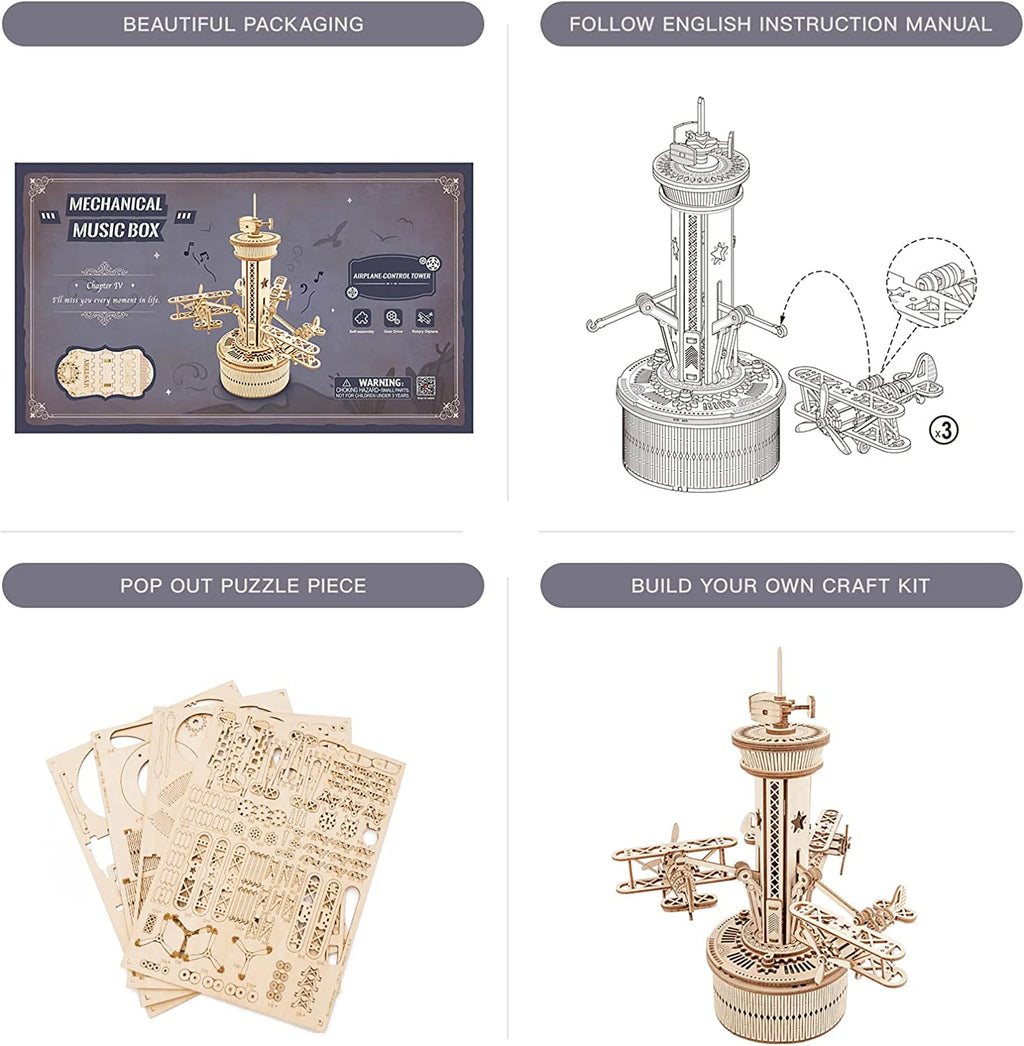 Robotime Rokr Puzzles 3D en bois pour adultes - Kit de construction de boîte à musique à monter soi-même - Avion - Tour de contrôle