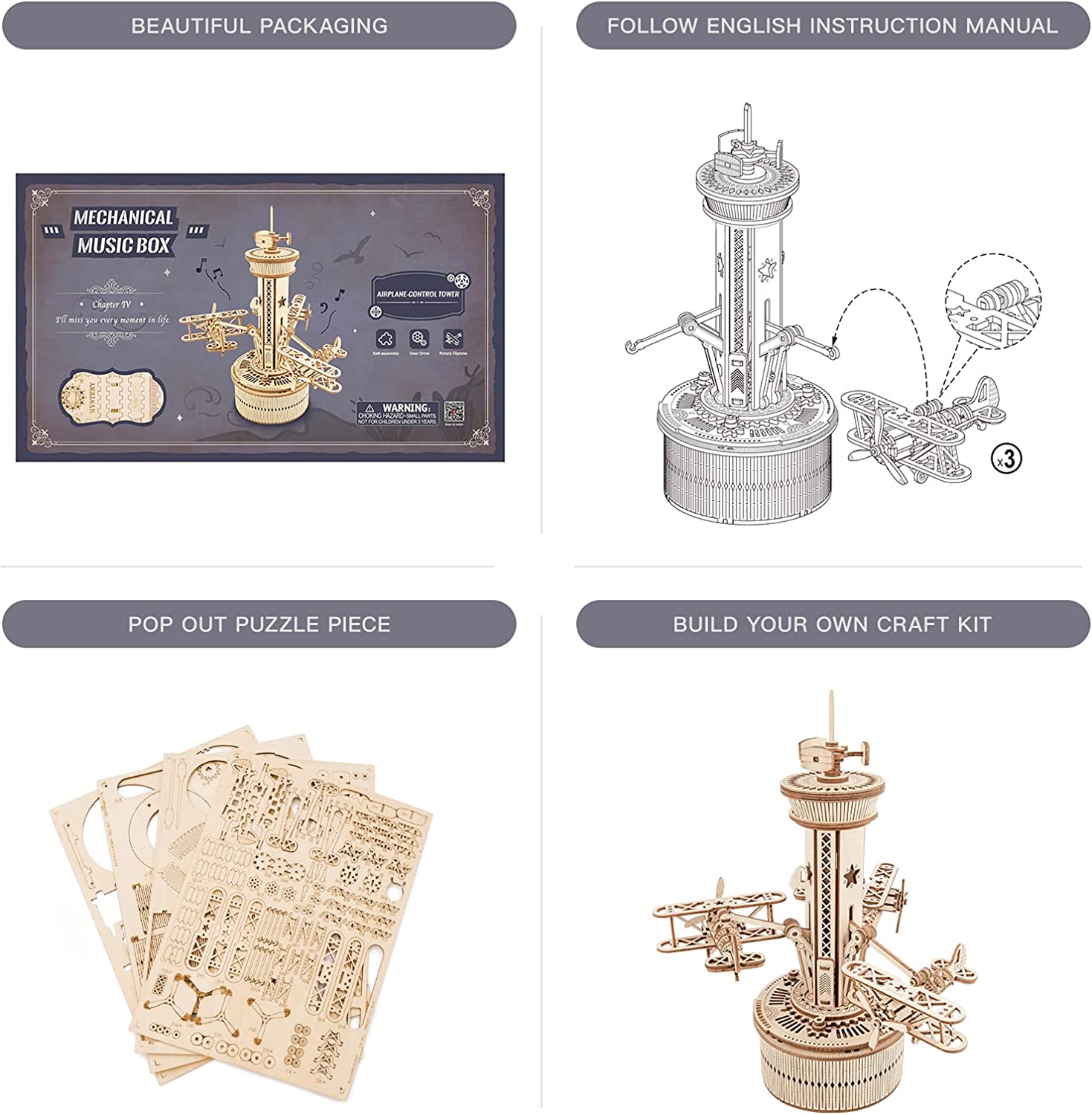 Robotime Rokr Puzzles 3D en bois pour adultes - Kit de construction de boîte à musique à monter soi-même - Avion - Tour de contrôle