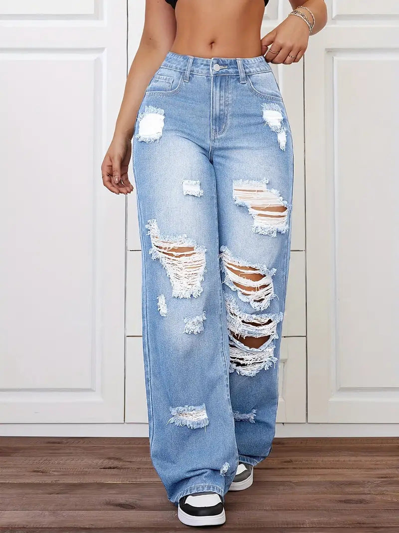 Jeans droits délavés et déchirés tendance pour femmes