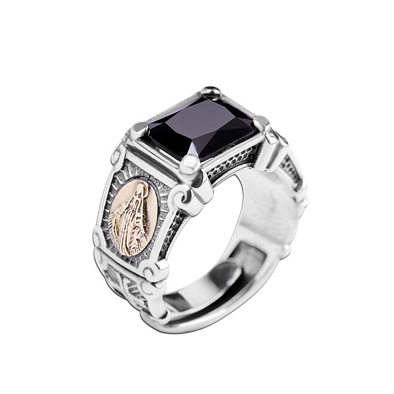 Bague pour homme en argent S925 incrustée d'onyx noir, représentant la Vierge Marie.