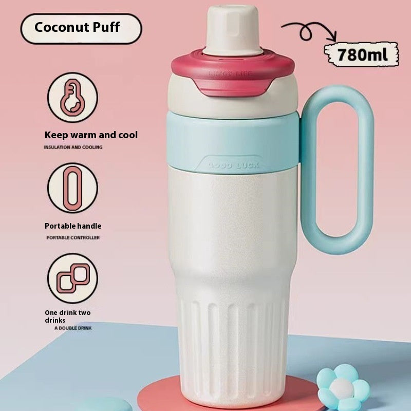 Gobelet isotherme double de 780 ml en acier inoxydable avec couvercle, grande capacité, avec paille, pour hommes et femmes.