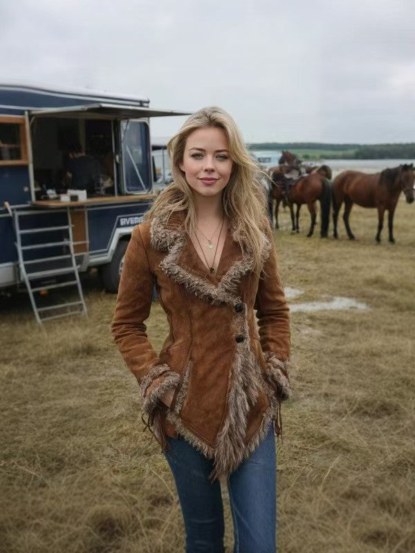 Manteau rétro en daim pour femme avec col et revers en fourrure