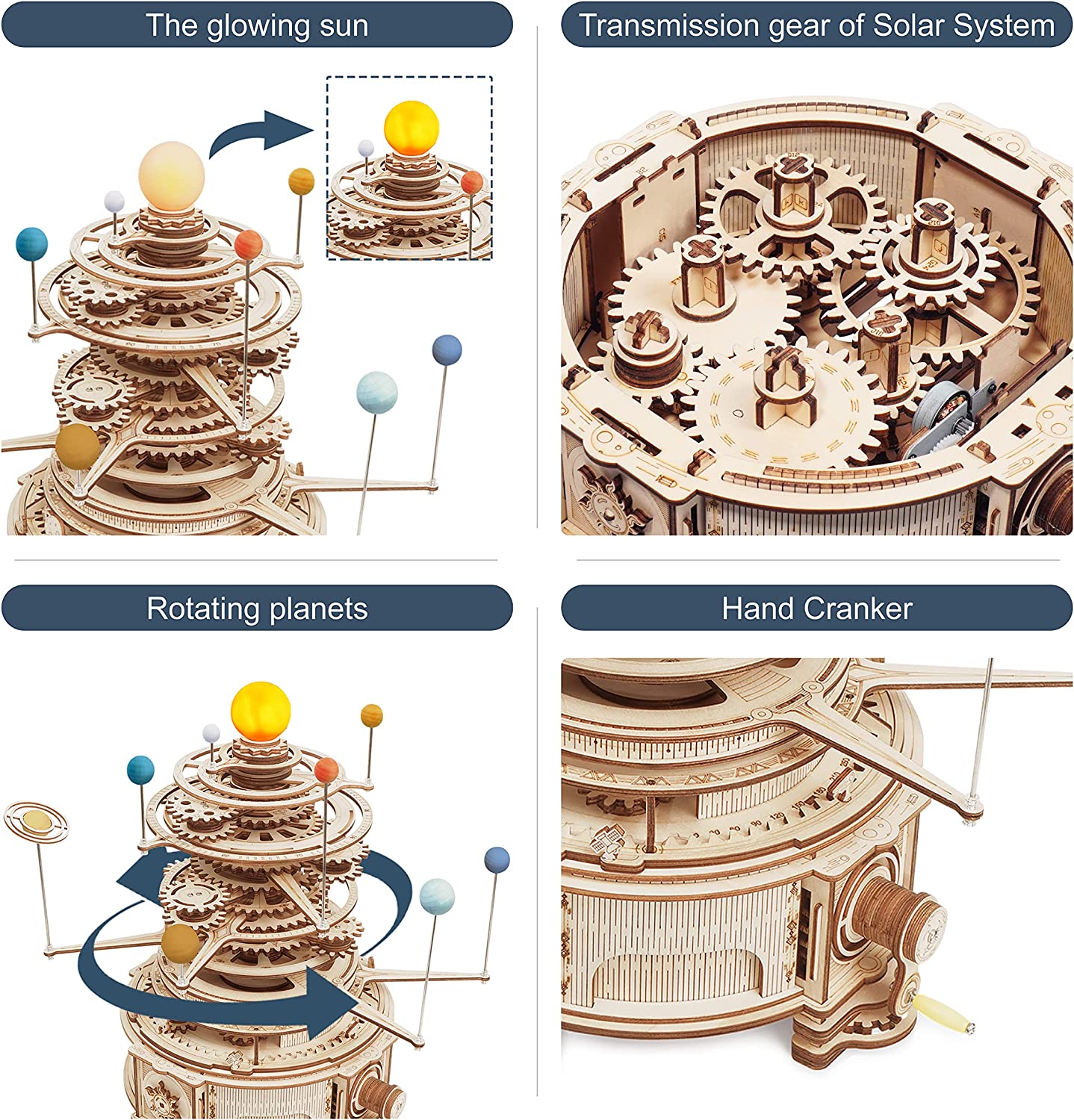 Robotime ROKR 316PCS Planétarium mécanique rotatif 3D en bois, jeu de puzzle, kit de construction de modèle, jouet, cadeau pour enfants et garçons