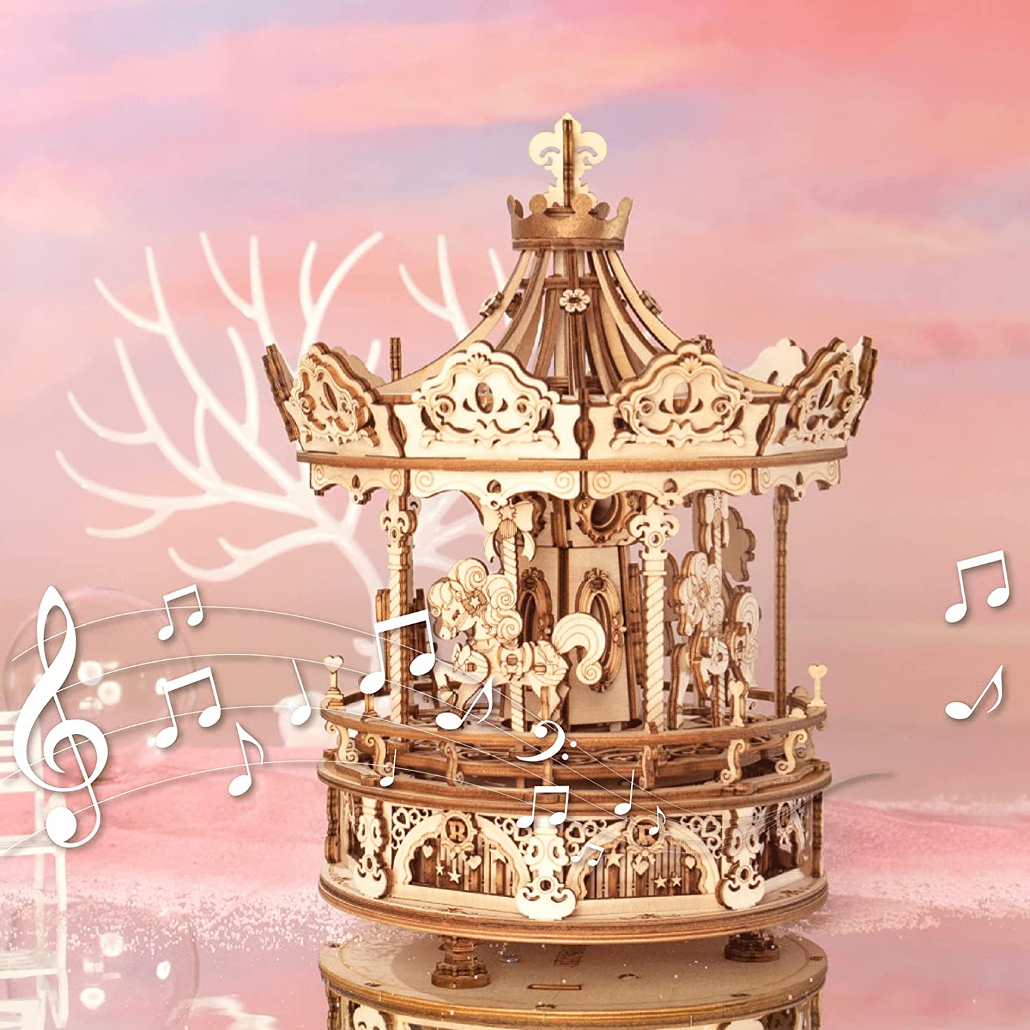 Robotime Rokr, kit de construction de puzzles en bois 3D, boîte à musique à monter soi-même, carrousel romantique rotatif