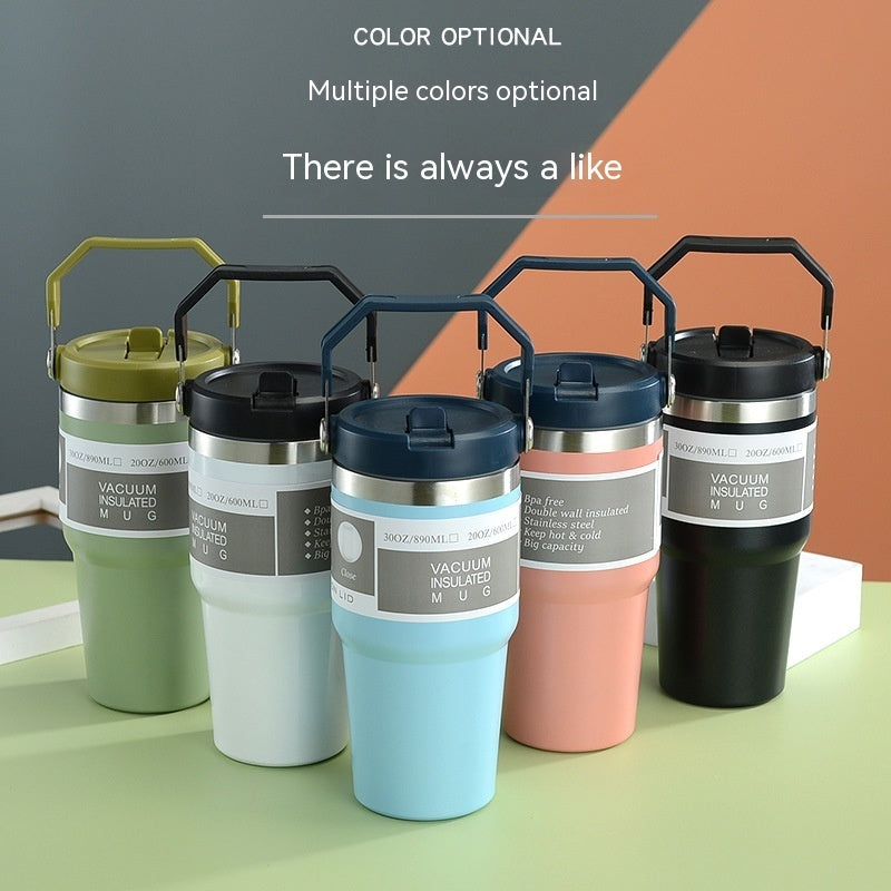 Gobelet de voiture portable en acier inoxydable, gourde de sport et de voyage avec poignée et couvercle, tasse à café