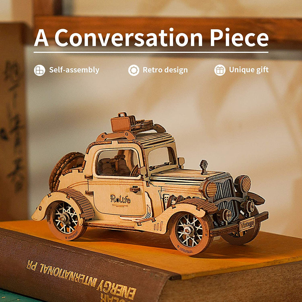 Robotime Rolife Modèle de voiture vintage Puzzle 3D en bois, jouet pour enfants