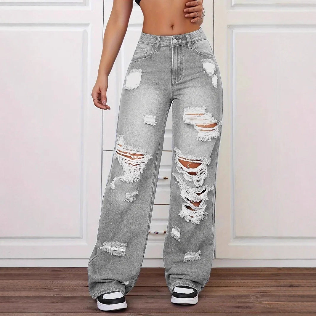 Jeans droits délavés et déchirés tendance pour femmes