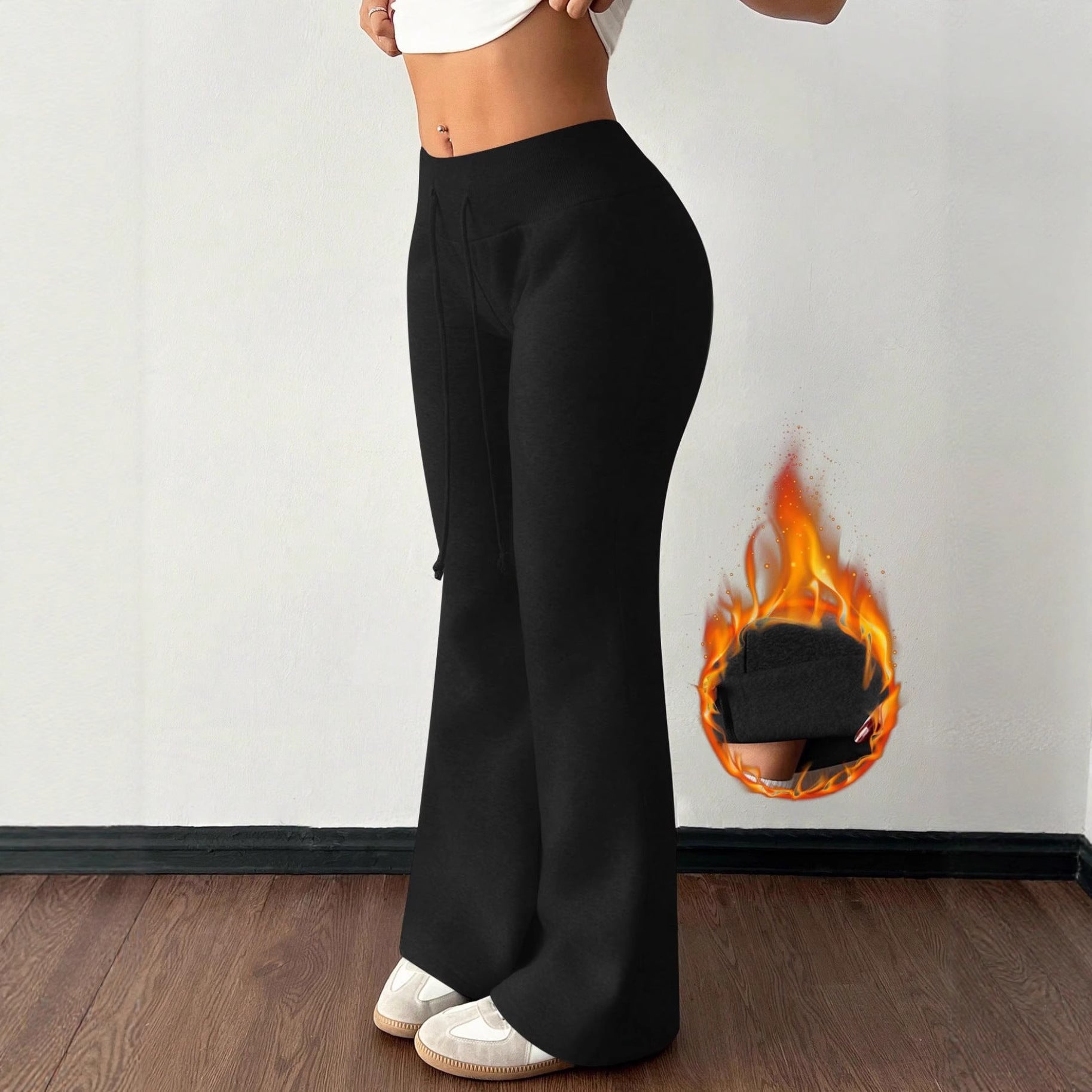 Pantalon de survêtement rembourré en polaire, taille haute, couleur unie