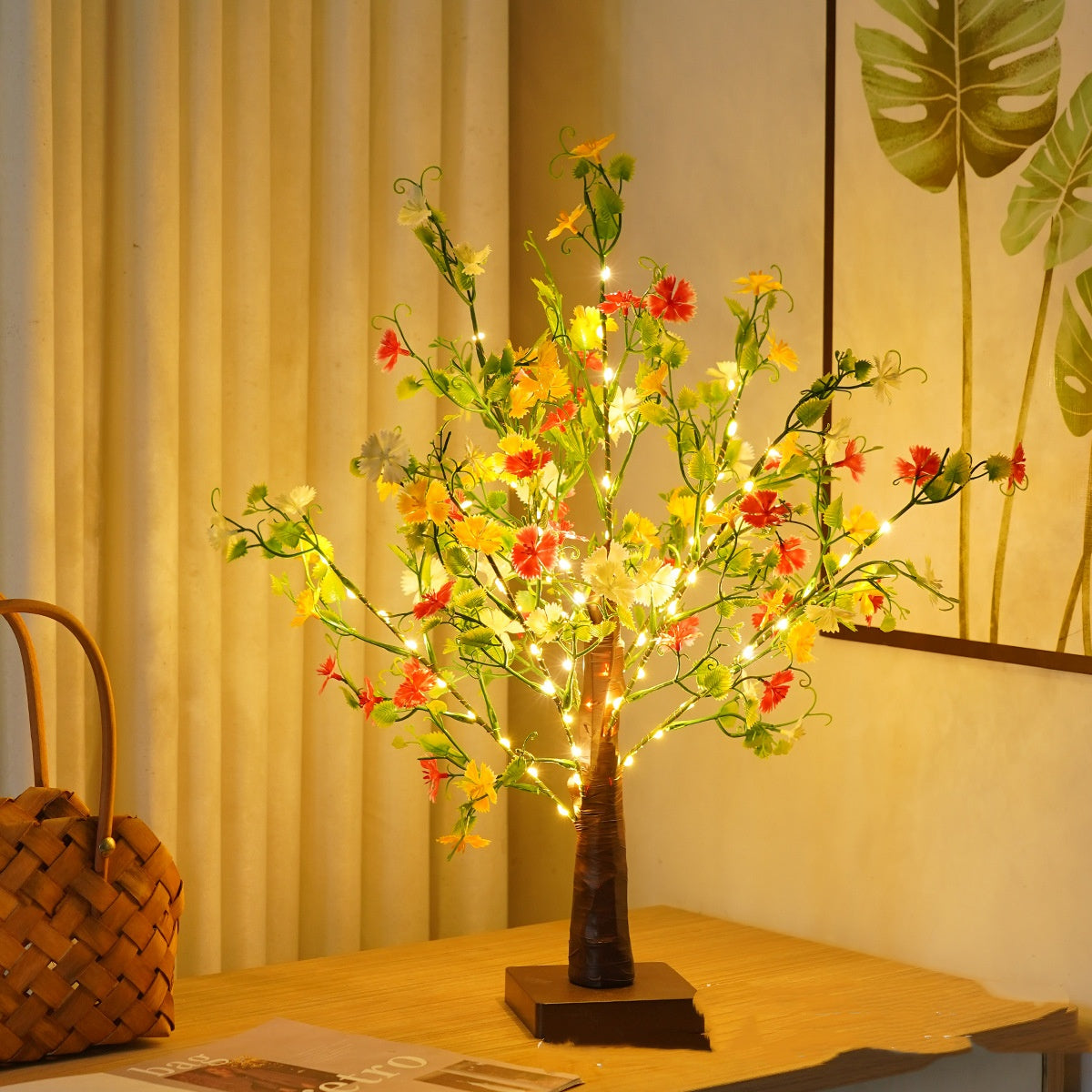 Lampe de table LED en forme d'arbre à feuilles vertes, décoration pour chambre à coucher