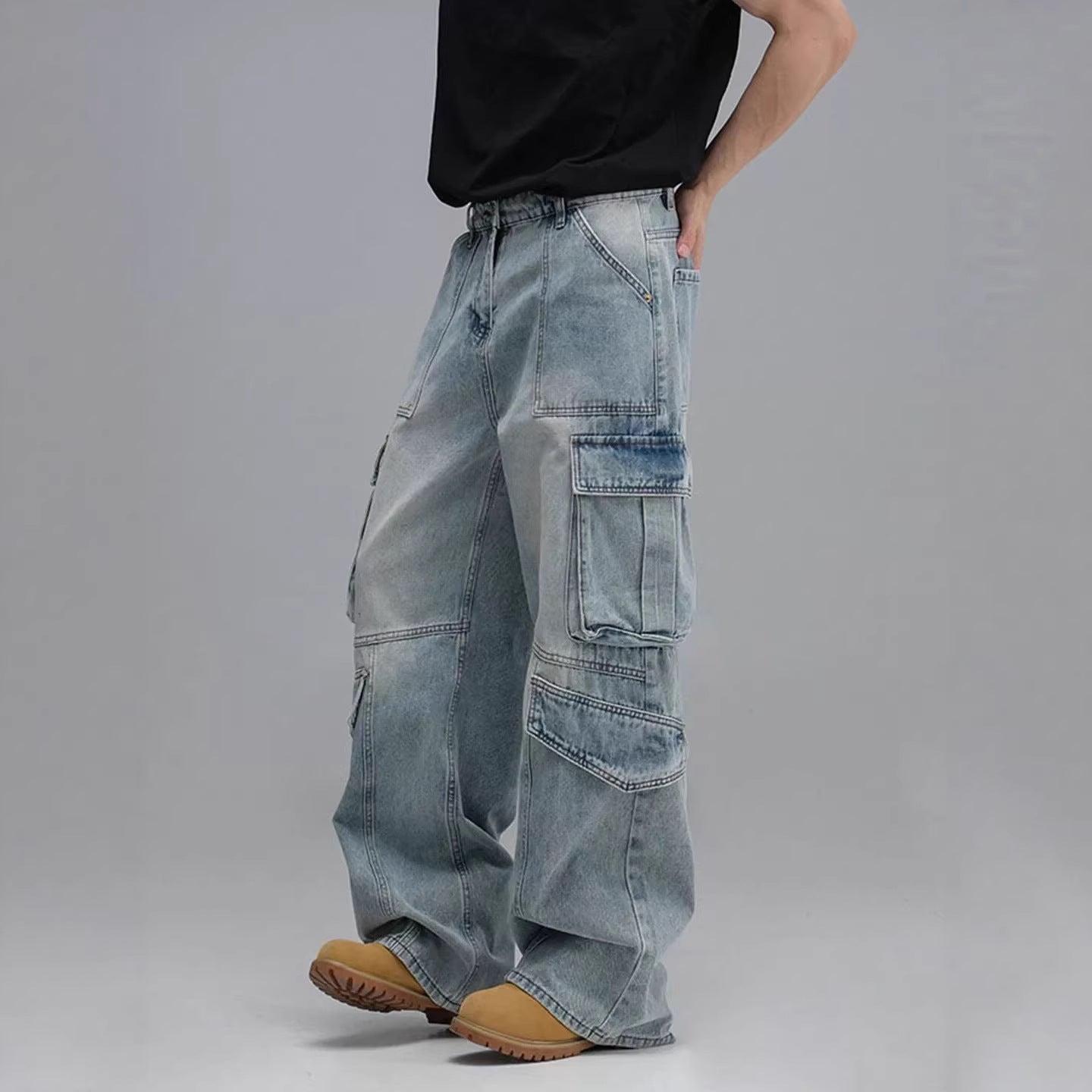 Jean de travail délavé multipoches pour homme, pantalon décontracté à jambes larges