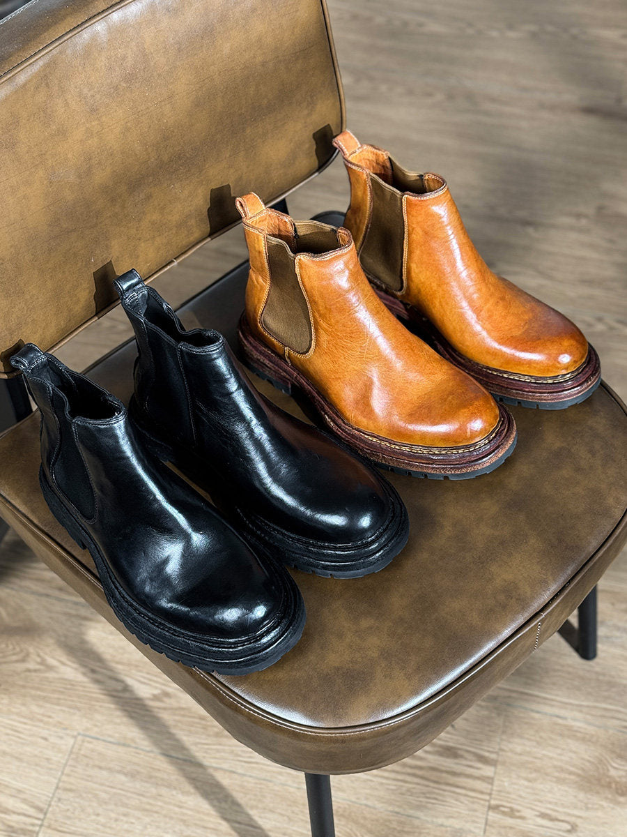 Bottes en cuir vintage pour hommes, à semelle épaisse et rehaussantes