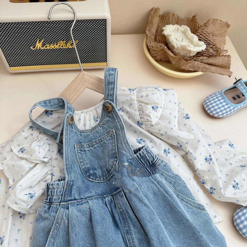 Ensemble fille - Short jean à bretelles et chemise fleurie