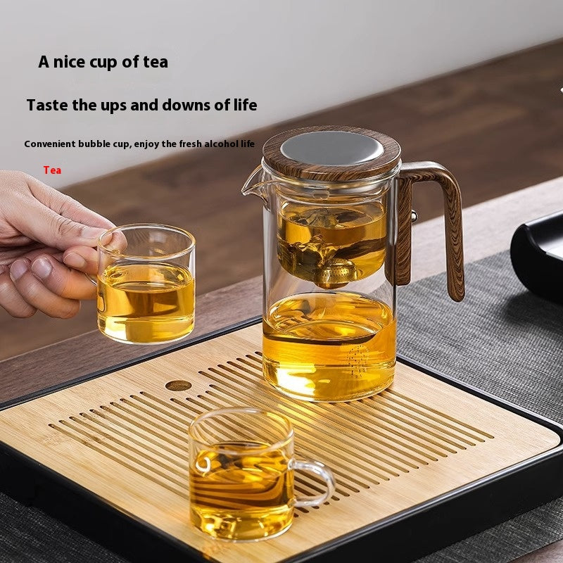 Théière magnétique à filtration par séparation en un clic, théière en verre avec manche en bois, récipient intérieur pour séparer l'eau du thé.